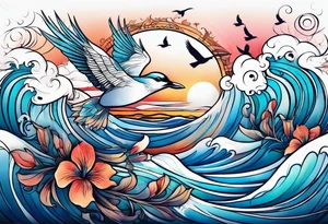 calm sea with birds tattoo idea