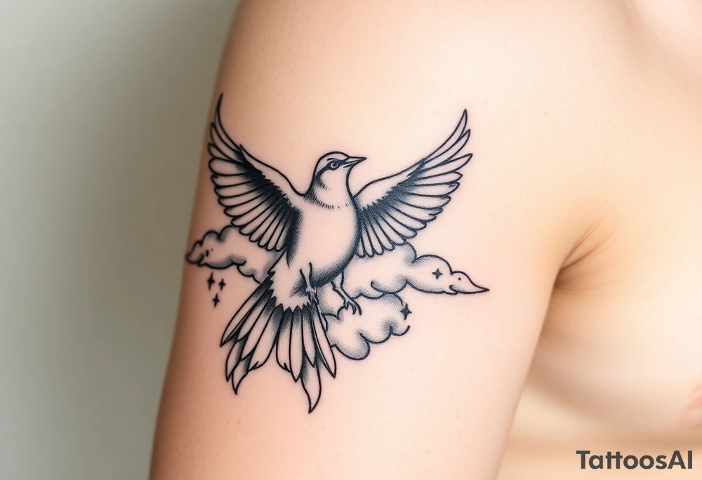 Dove and a blue jay, clouds, shining light to or from heaven tattoo idea