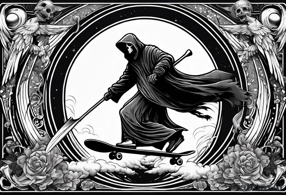 the grim reaper riding a skateboard with an angel halo above his head tattoo idea