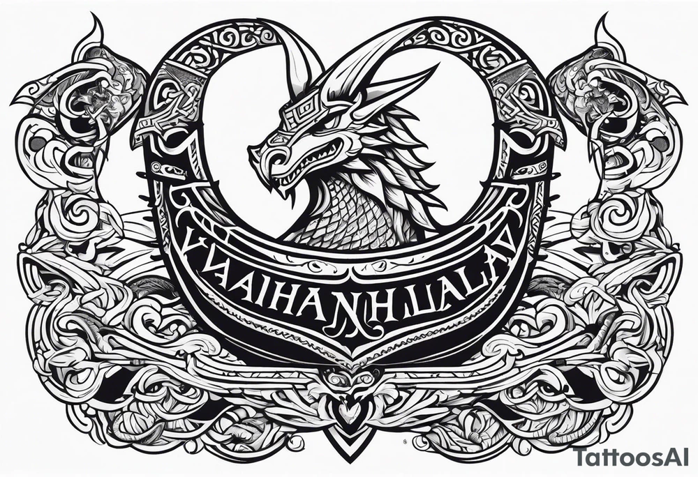 Valhalla sword shield viking ship dragon head tattoo idea