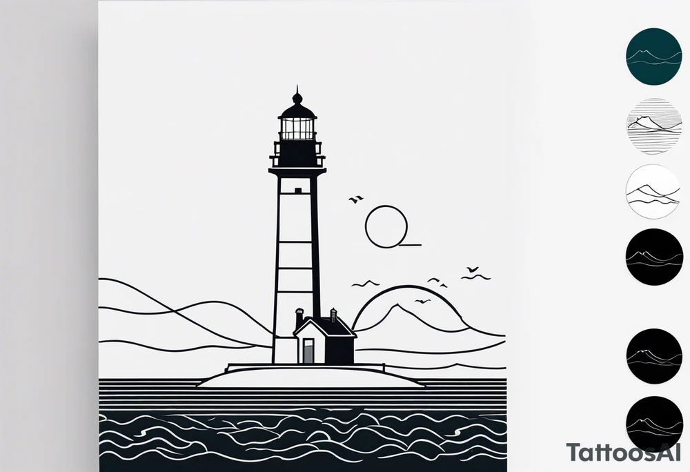 lighthouse in fine line and a bit geometric. Mostly black but the light and the sea are colored. also the sea close to the lighthouse tattoo idea