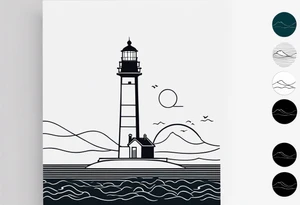 lighthouse in fine line and a bit geometric. Mostly black but the light and the sea are colored. also the sea close to the lighthouse tattoo idea