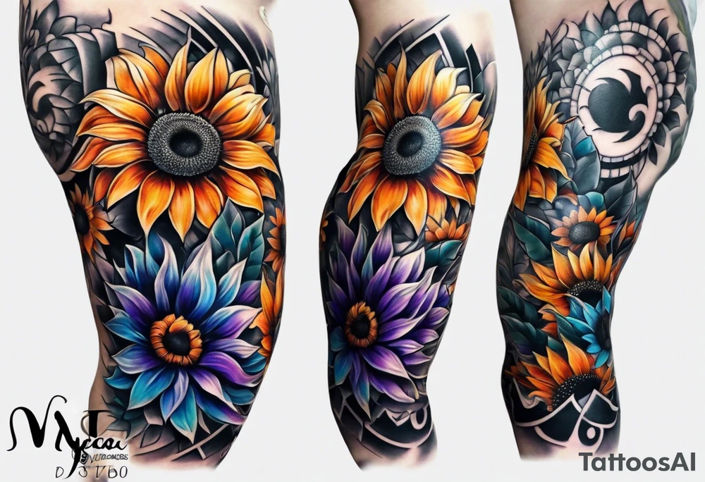 Full leg sleeve with purple, orange and blue sunflowers tattoo idea