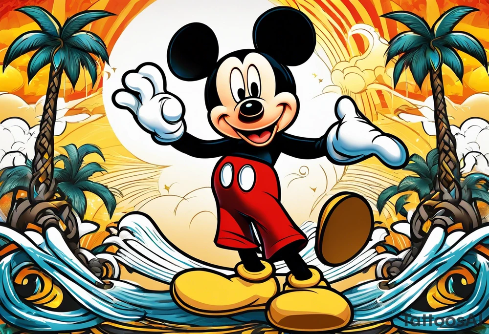 mickey mouse doing martial arts with palm trees, lightning storm and the celtic symbol for family tattoo idea