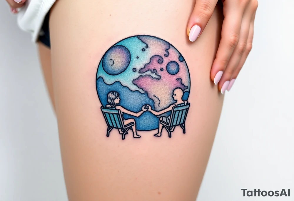 Two people holding hands, sitting in beach chairs, sitting on and giant planet tattoo idea