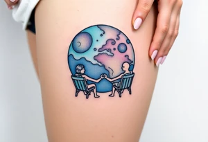 Two people holding hands, sitting in beach chairs, sitting on and giant planet tattoo idea