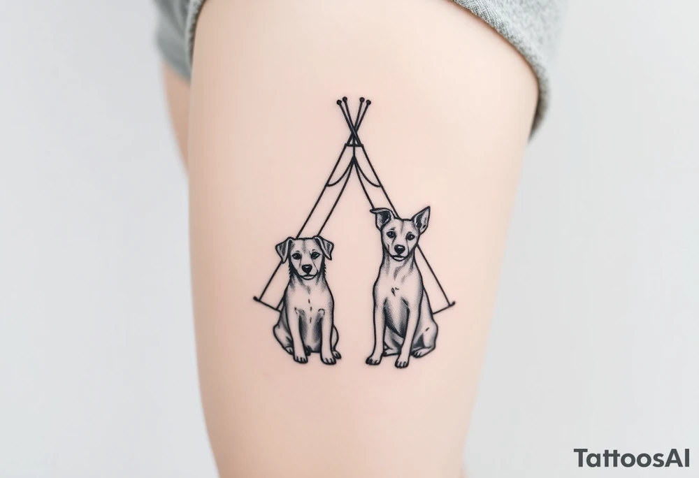 two dogs in front of a teepee tattoo idea