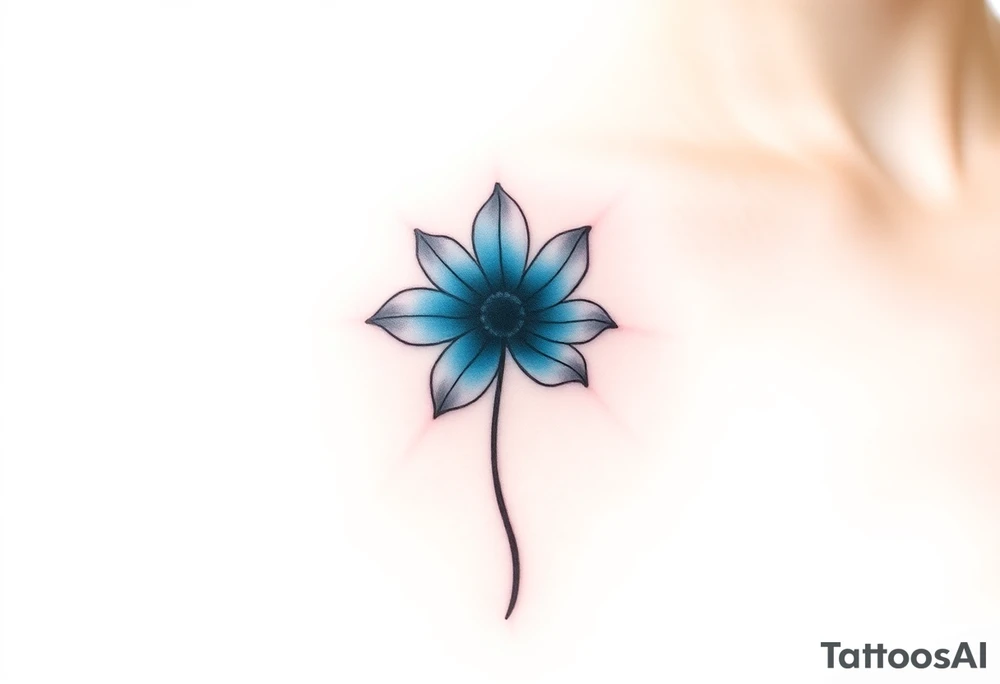 A minimalist flower tattoo that represents a shattered and betrayed gemini woman who fought hard throughout this year. With colors blue and black. Make it unique and rare. Without leaves and stem. Simple but elegant. Cute and catchy tattoo idea