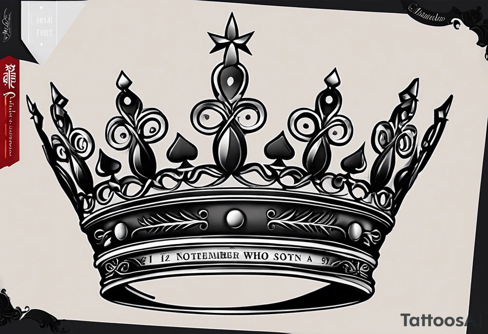 Whenever you're 
       feeling down or
 not enough, straighten 
           that crown
and remember who's
          son you are!
in the font Special Elite 
with the birthdate 06.20.1978 on the top and 
death date 01.03.2024 on the bottom tattoo idea