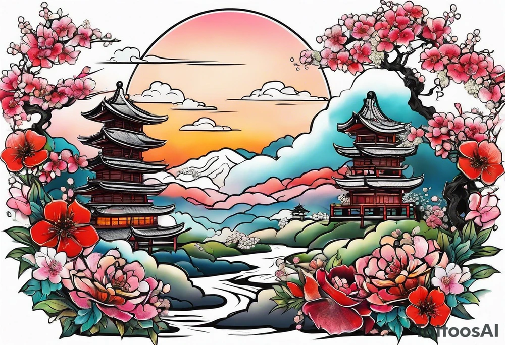 Samurai in flower field tattoo idea