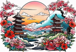 Samurai in flower field tattoo idea