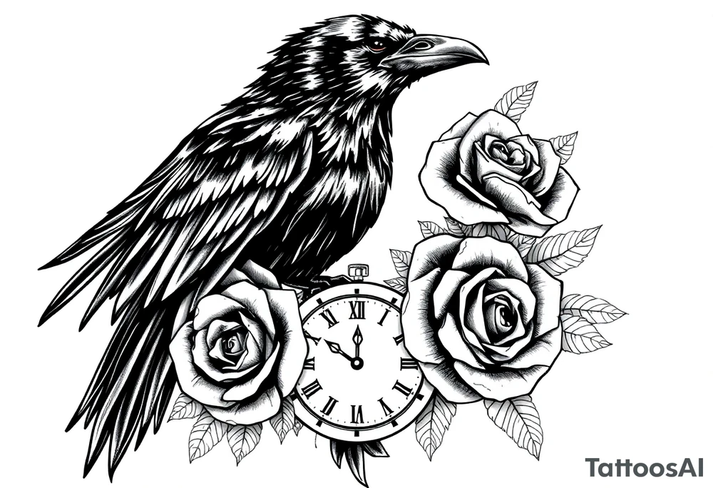 raven,roses,clock. tattoo idea