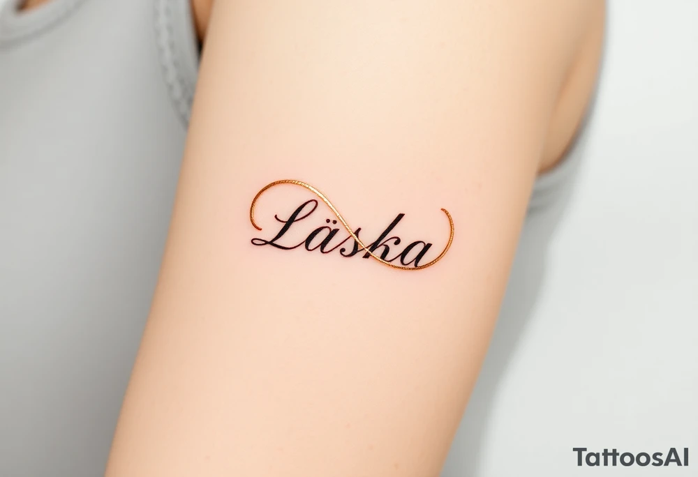 A ribbon-like infinity symbol in soft champagne gold, wrapping around the word "Láska" in a warm, romantic hue tattoo idea