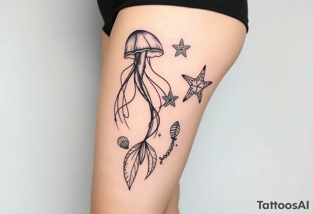 Ocean themed sleeve with jellyfish, mermaid, starfish, sea turtle, shells tattoo idea