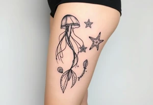 Ocean themed sleeve with jellyfish, mermaid, starfish, sea turtle, shells tattoo idea