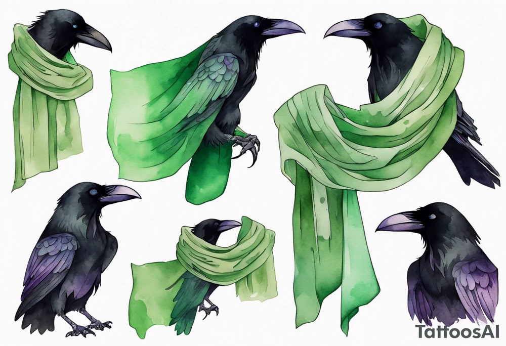 a raven wearing a thin green scarf tattoo idea
