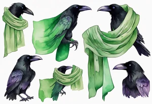 a raven wearing a thin green scarf tattoo idea