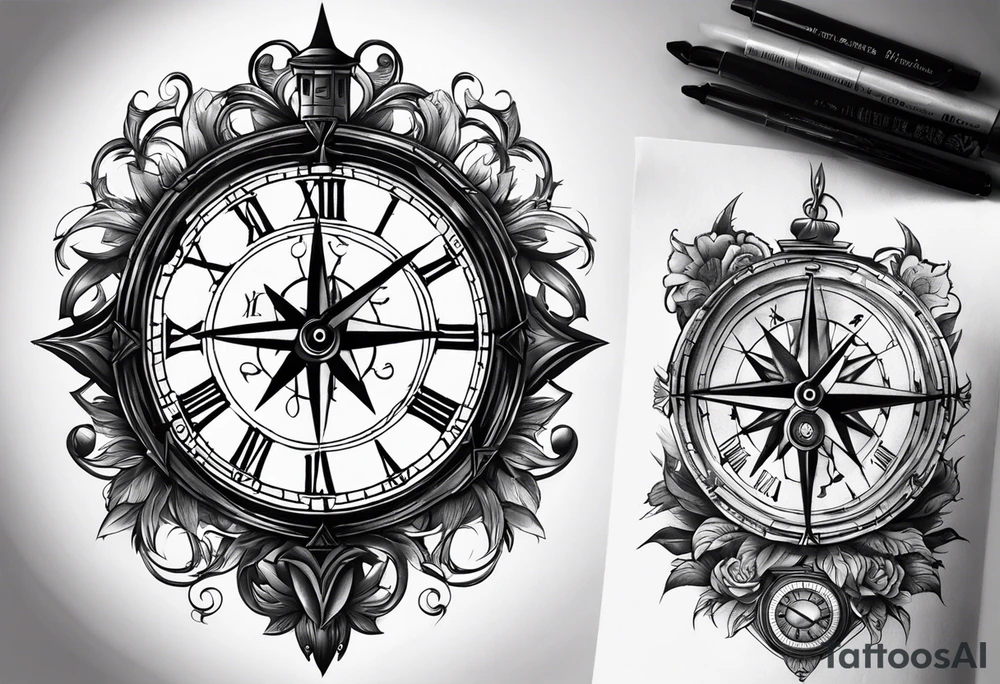 draw me a tattoo with an old clock and a compass rose. shadows of roman numerals are in the background. it is a tattoo located on the left shoulder of a man. it is black and white. tattoo idea