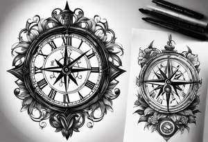 draw me a tattoo with an old clock and a compass rose. shadows of roman numerals are in the background. it is a tattoo located on the left shoulder of a man. it is black and white. tattoo idea