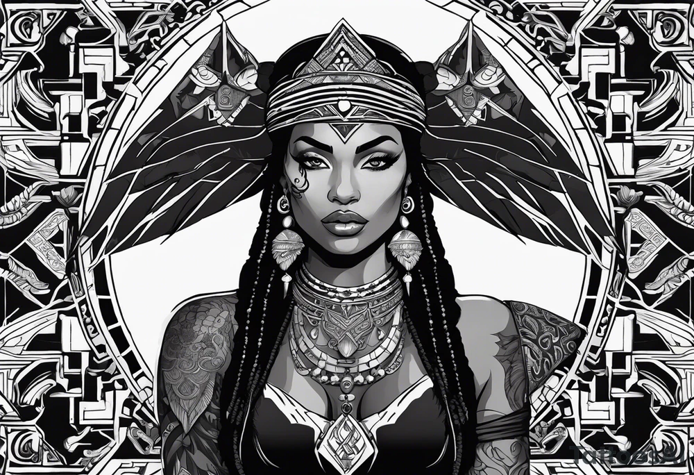 valkrye, kali, pirate, african goddess, , warrior, native american, lotus, zenza resonance, skulls, dragon, pachamama, left side face, chest, right wing, tattoo idea