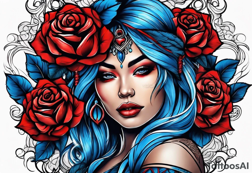 Tribal woman Colored blue and red roses tattoo idea