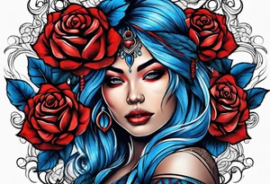 Tribal woman Colored blue and red roses tattoo idea