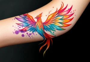 Phoenix in flames with purple, blue, orange, teal and green splashes, looking upwards. Materializing from below, no outline. tattoo idea
