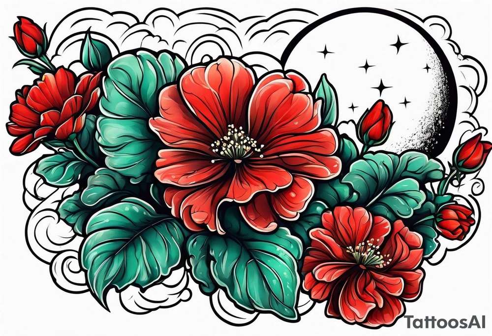 Rain cloud and moon with red geraniums tattoo idea