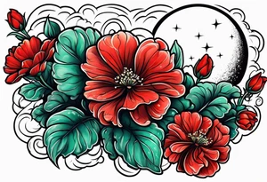 Rain cloud and moon with red geraniums tattoo idea