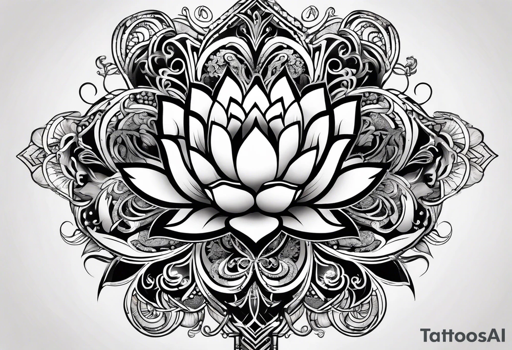 one vertical tattoo that combines lotus flower, phoenix and helix, strength and resilience symbols tattoo idea