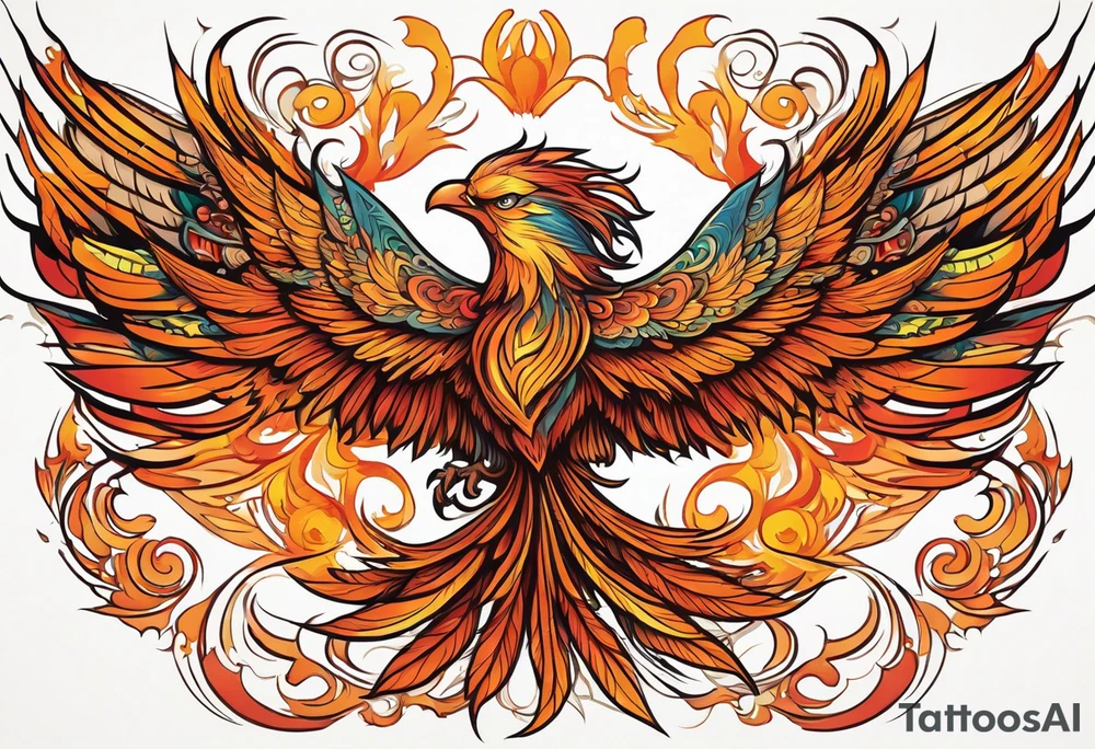 Tattoo: A powerful, majestic phoenix, depicted mid-flight or rising, with wings extended and feathers flowing. Deep shading and intricate details to bring out the texture and motion of the feathers. tattoo idea