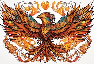 Tattoo: A powerful, majestic phoenix, depicted mid-flight or rising, with wings extended and feathers flowing. Deep shading and intricate details to bring out the texture and motion of the feathers. tattoo idea