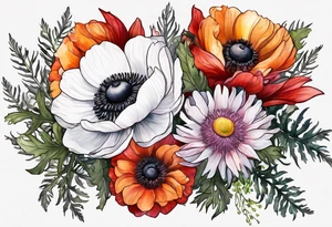 a white anemone with black center with thistles, ferns, sun flowers, red flowers, pink flowers, orange flowers, yellow flowers in watercolor tattoo idea