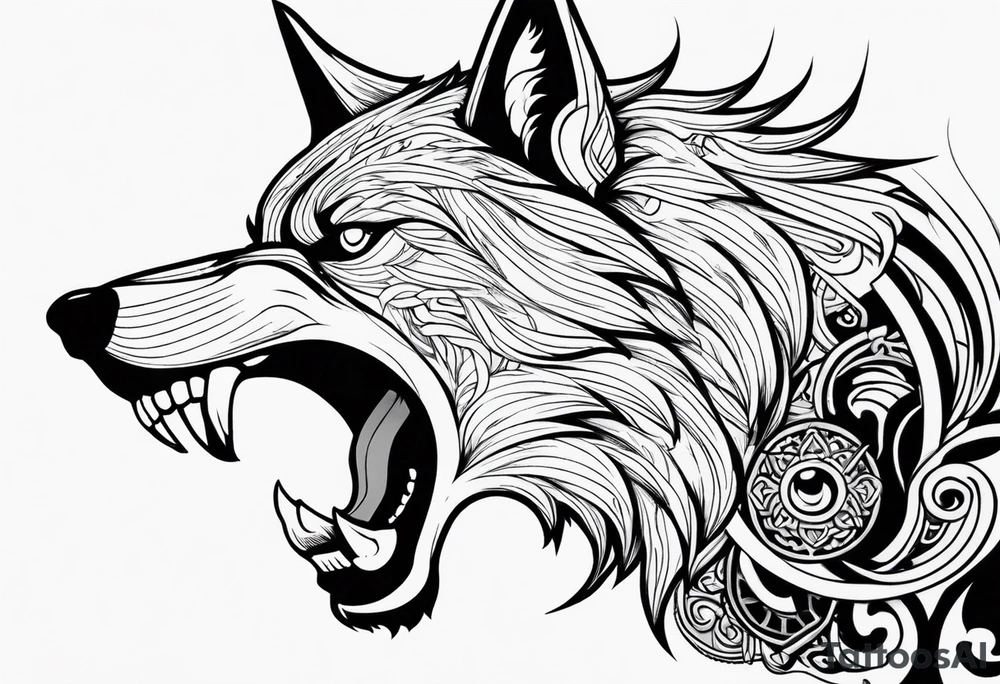 wolf head with katana in mouth tattoo idea