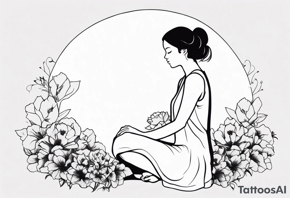 silhouette of girl with blooming flower as her head kneeling tattoo idea