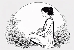 silhouette of girl with blooming flower as her head kneeling tattoo idea