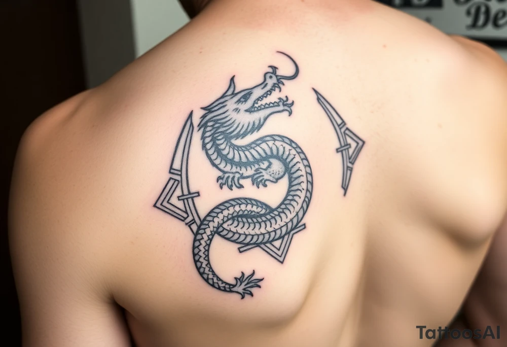 Dragon eating tail surrounded by geometric patterns tattoo idea