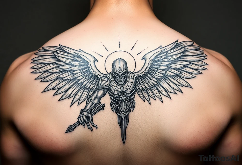epic warrior/ archangel tattoo protecting family from evil tattoo idea