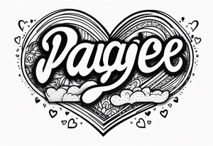 The name Paige with fine line hearts drawn with a welding tip tattoo idea