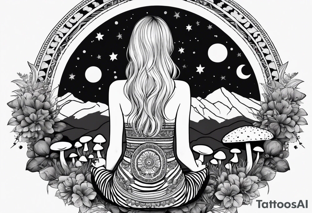 Straight blonde hair girl holding mushrooms in hand meditating facing away toward mountains surrounded by mushrooms crescent moon mandala circular design black and white striped dress tattoo idea