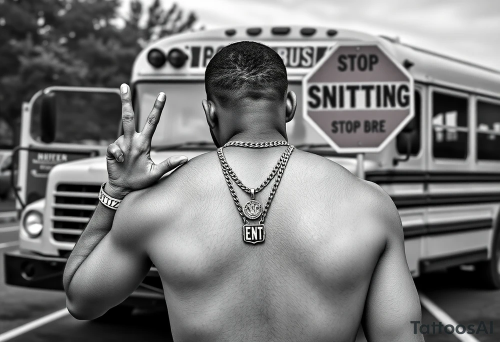 Mac Dre Standing doing the sign for time out in football n front of a short bus stopped at a stop sign that says STOP SNITCHING on it with a chain around his neck that has a pendent that says THIZZ and below that ENT tattoo idea