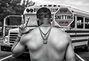 Mac Dre Standing doing the sign for time out in football n front of a short bus stopped at a stop sign that says STOP SNITCHING on it with a chain around his neck that has a pendent that says THIZZ and below that ENT tattoo idea