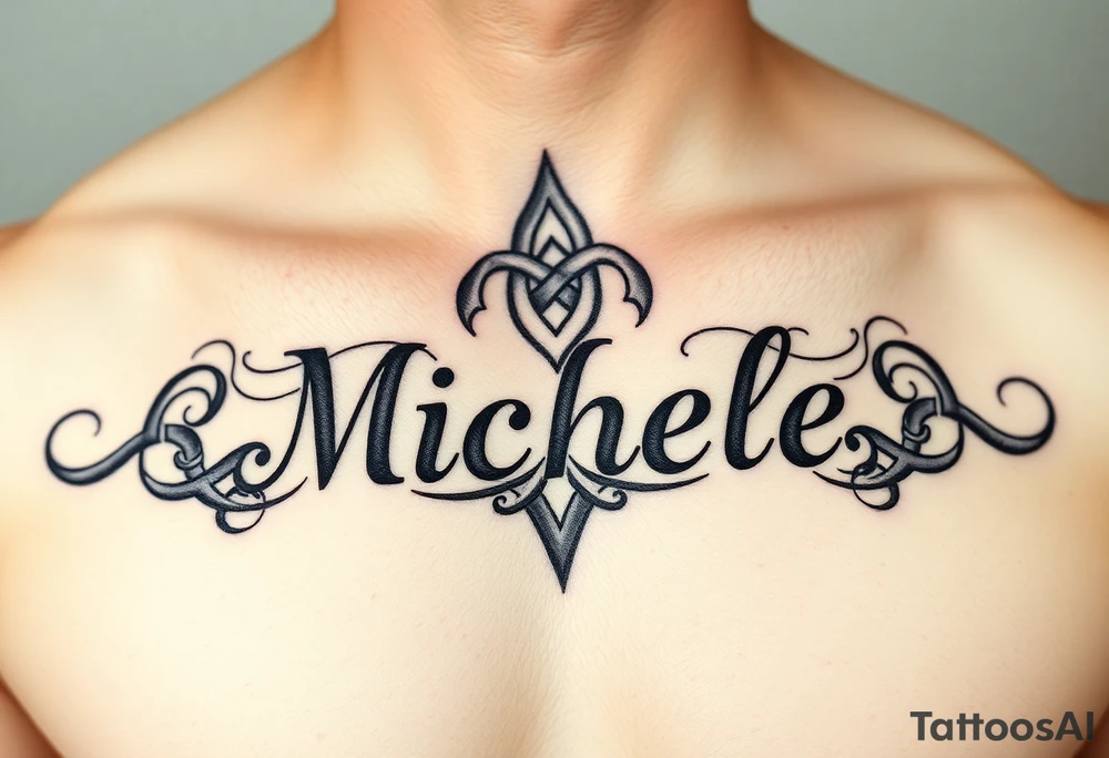 Create a tattoo on a man’s chest if a woman’s name Michelle. Irish or Celtic theme knot tattoo idea