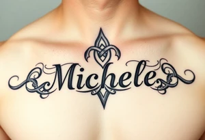 Create a tattoo on a man’s chest if a woman’s name Michelle. Irish or Celtic theme knot tattoo idea