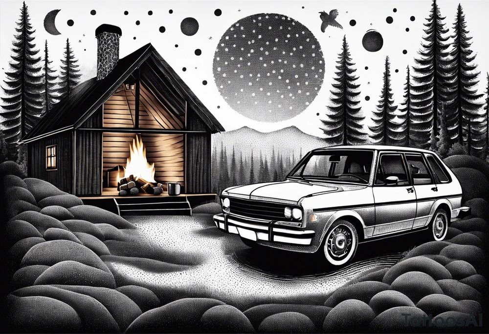 cross, campfire, golf , whiskey glass, cabin tattoo idea