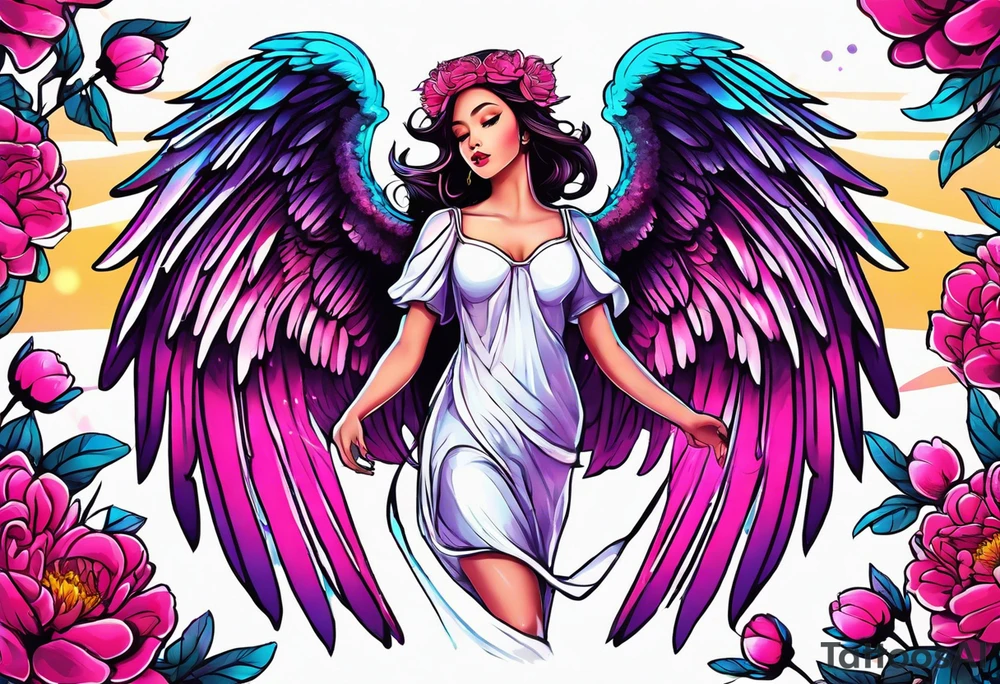 beautiful colorful neon angel wings, surrounded by beautiful peonies, new school style, streetwear, urban wear, tattoo idea