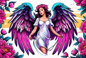 beautiful colorful neon angel wings, surrounded by beautiful peonies, new school style, streetwear, urban wear, tattoo idea