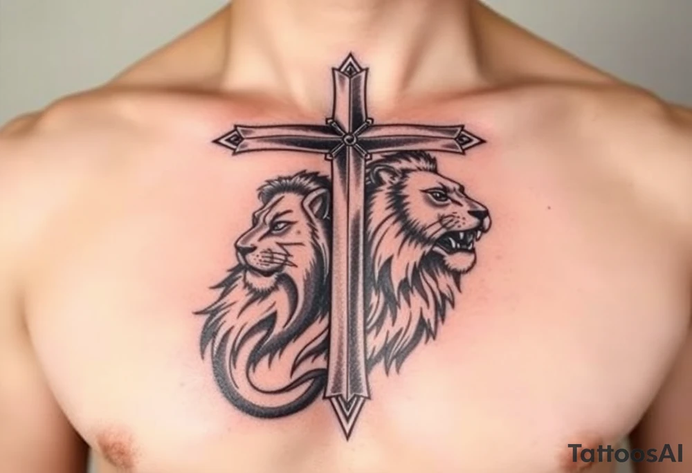 Cross, lion, strength and growth tattoo idea