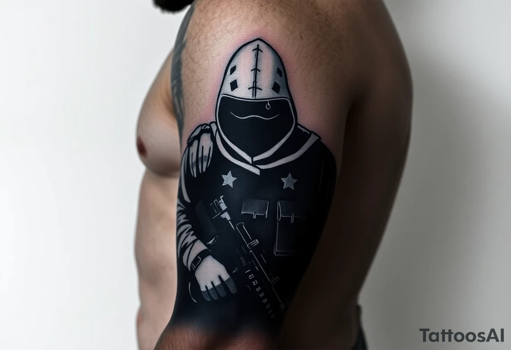 Minimalist covert operative symbolism representing loyalty and survival, faceless soldier silhouette emerging from darkness, torn fabric, subtle scars, controlled posture, black and grey realism, emotional restraint, understated strength, tattoo sleeve element. tattoo idea