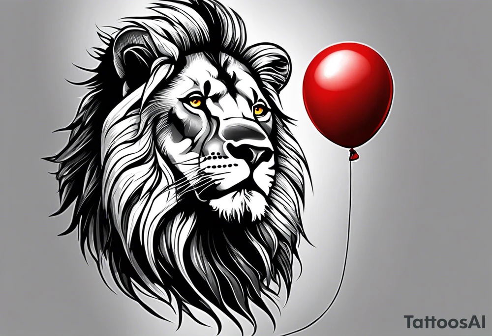 tattoo design should be in the layout of the famouse picture"small princ"  where it should remind me that I survived,and my life was saved by my husband, and he should be represented in the tattoo as a young lion holding a balloon held in the muzzle.
The baloon which is red and in Hearth shape. The whole body of lion should be visible and more abstract not so realistic.The lion is holding the string of the baloon in the muzzle. The string from the balloon should have a heartbeat pulse.The baloon should be red colored, and the rest of the image should be black only. tattoo idea
